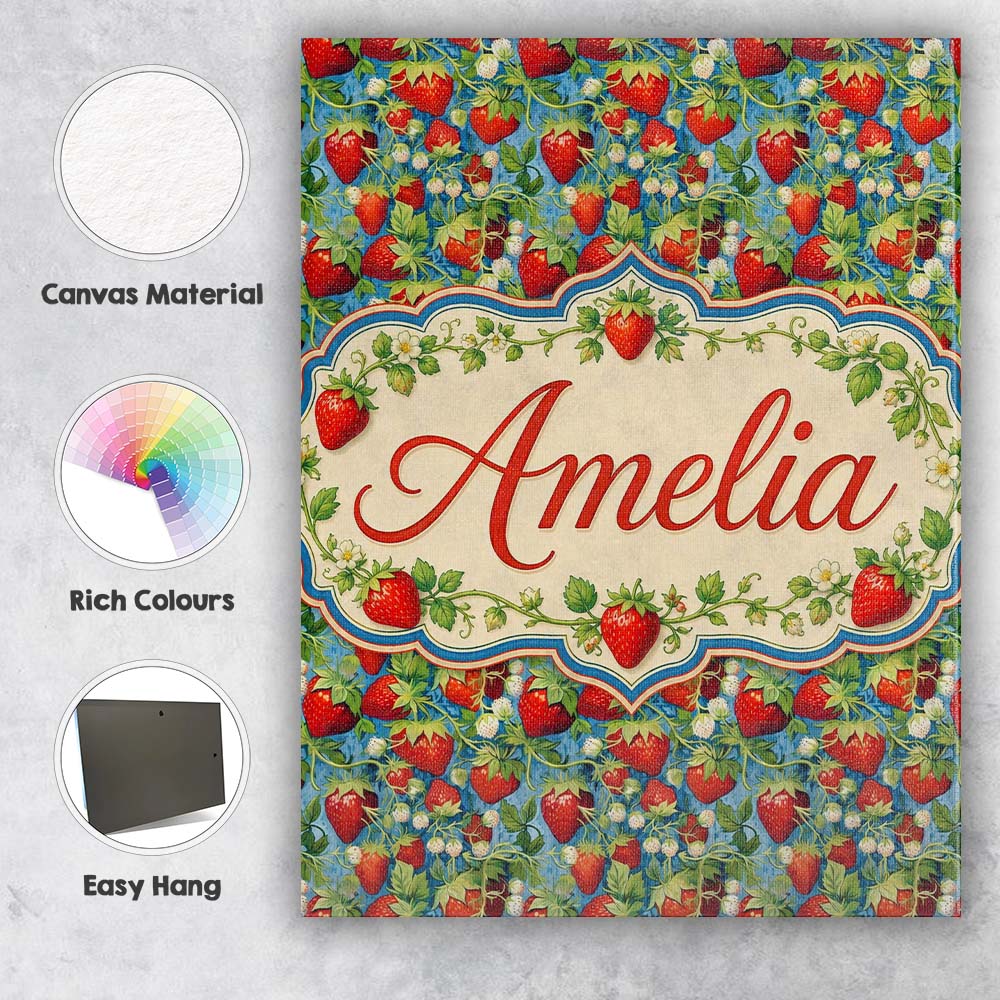 Personalised Name Juicy Strawberry Vine Custom  Modern Room Accent Elegant Feature Canvas Wall Art Print Decor Picture Ready to Hang