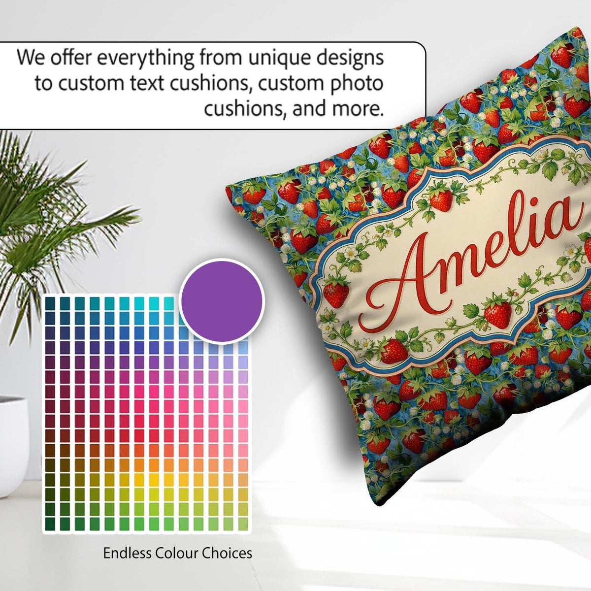 Custom Name Juicy Strawberry Vine Blue Background Seamless Name Square Filled Cushion Throw Pillow Sofa Bed Home Decor Zip Washable UK Made