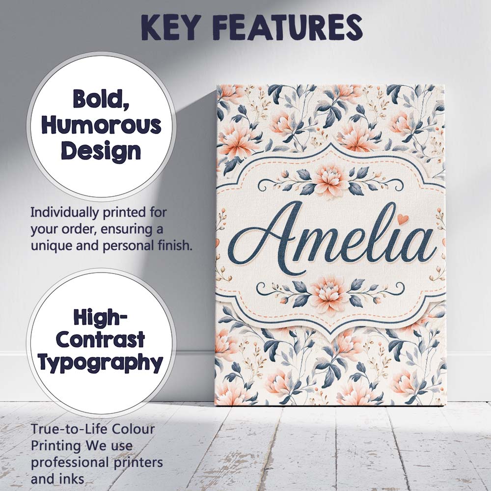 Personalised Name Soft Peach Floral Botanical Custom Unique Gift Idea Modern Room Accent Canvas Wall Art Print Decor Picture Ready to Hang