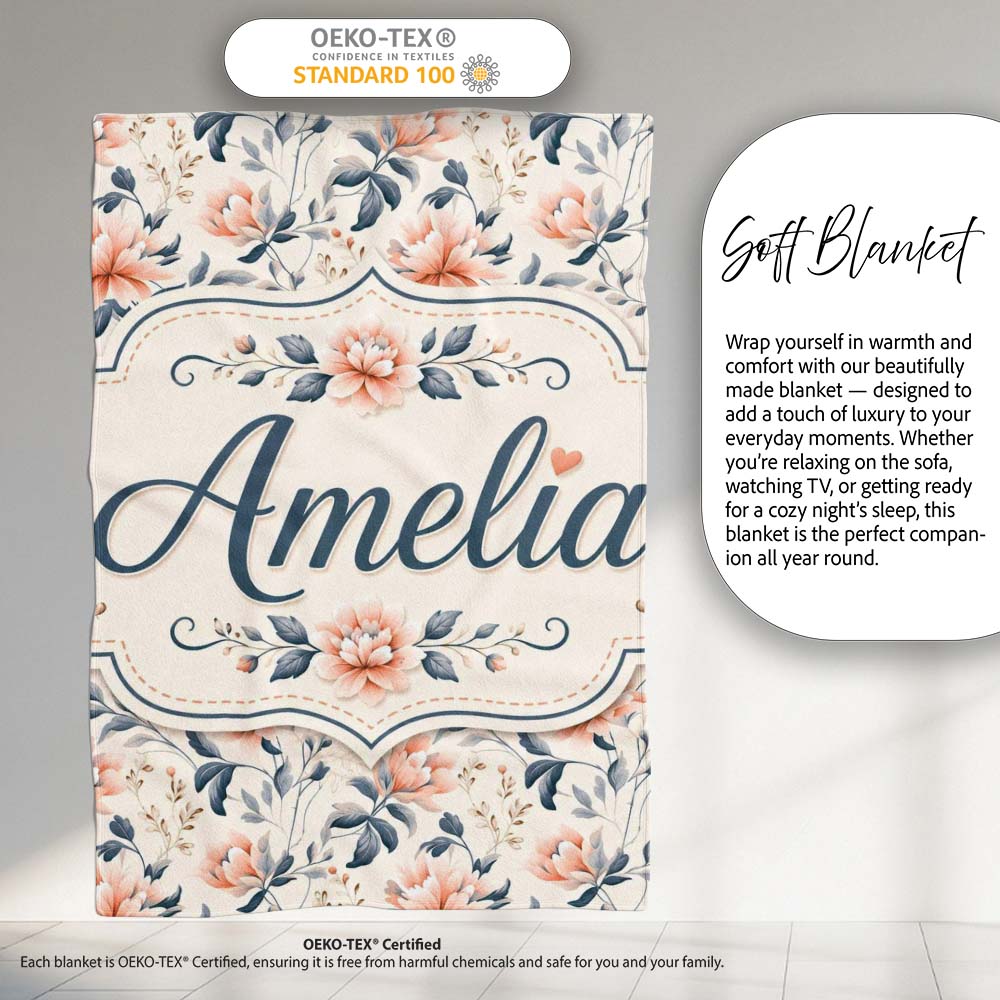Soft Peach Floral Botanical Elegant Seamless Pattern Name Cute  Personalised Custom Name Super Soft Fleece Blanket Bed Sofa Throw