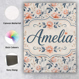 Personalised Name Soft Peach Floral Botanical Custom Unique Gift Idea Modern Room Accent Canvas Wall Art Print Decor Picture Ready to Hang