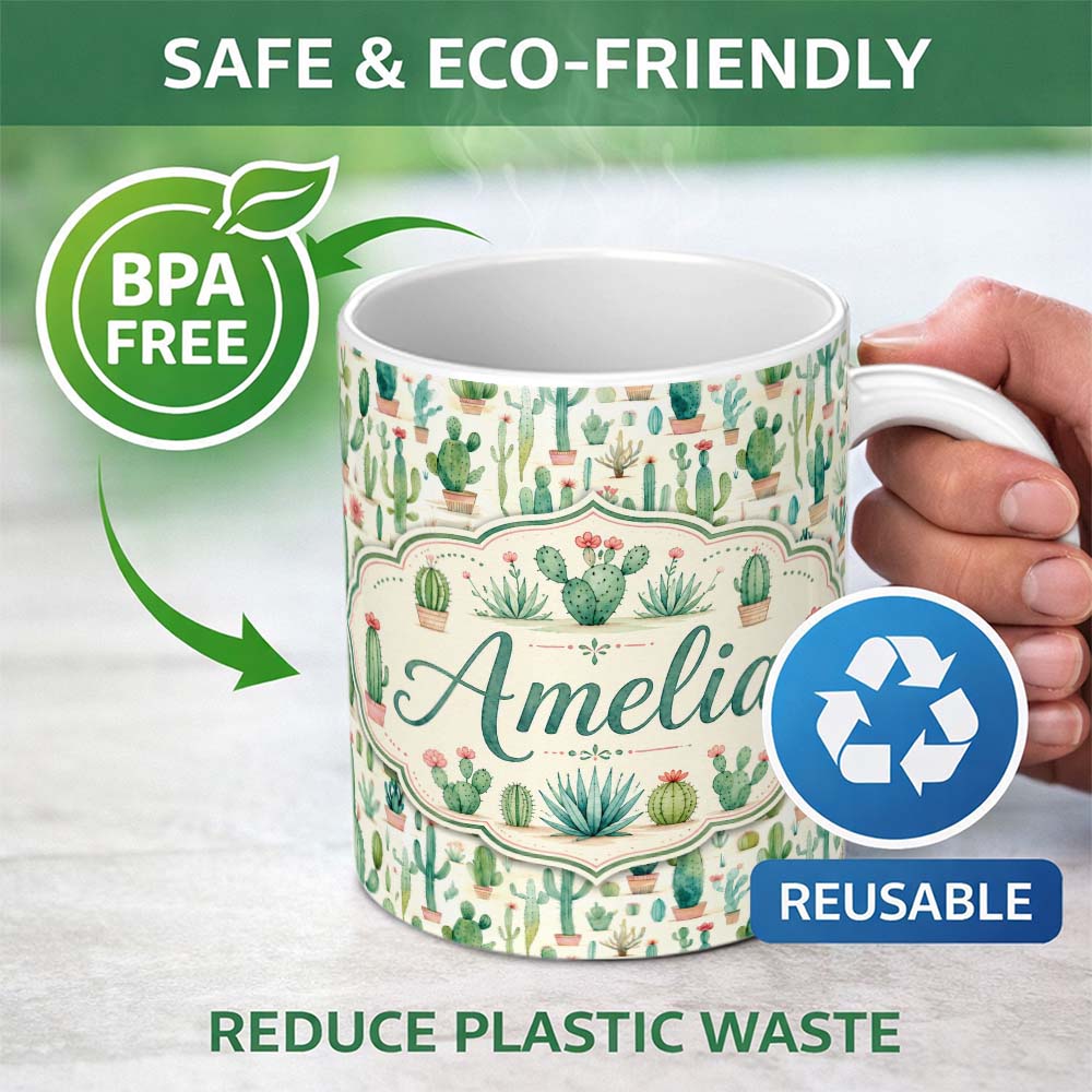 Personalized Custom Name Cute Potted Cactus Succulent Collection Pastel Seamless Pattern 11oz Ceramic Coffee Tea Mug White Large Handle