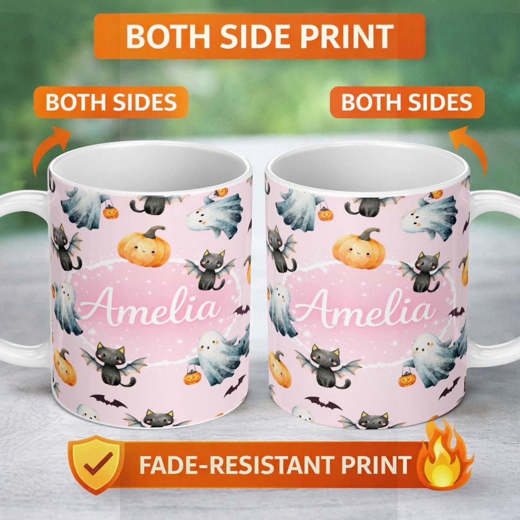 Personalized Custom Name Halloween Ghost Pumpkin Cat Seamless Pattern Pink Cute Spooky Design 11oz Ceramic Coffee Tea Mug White Large Handle