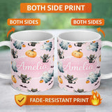 Personalized Custom Name Halloween Ghost Pumpkin Cat Seamless Pattern Pink Cute Spooky Design 11oz Ceramic Coffee Tea Mug White Large Handle
