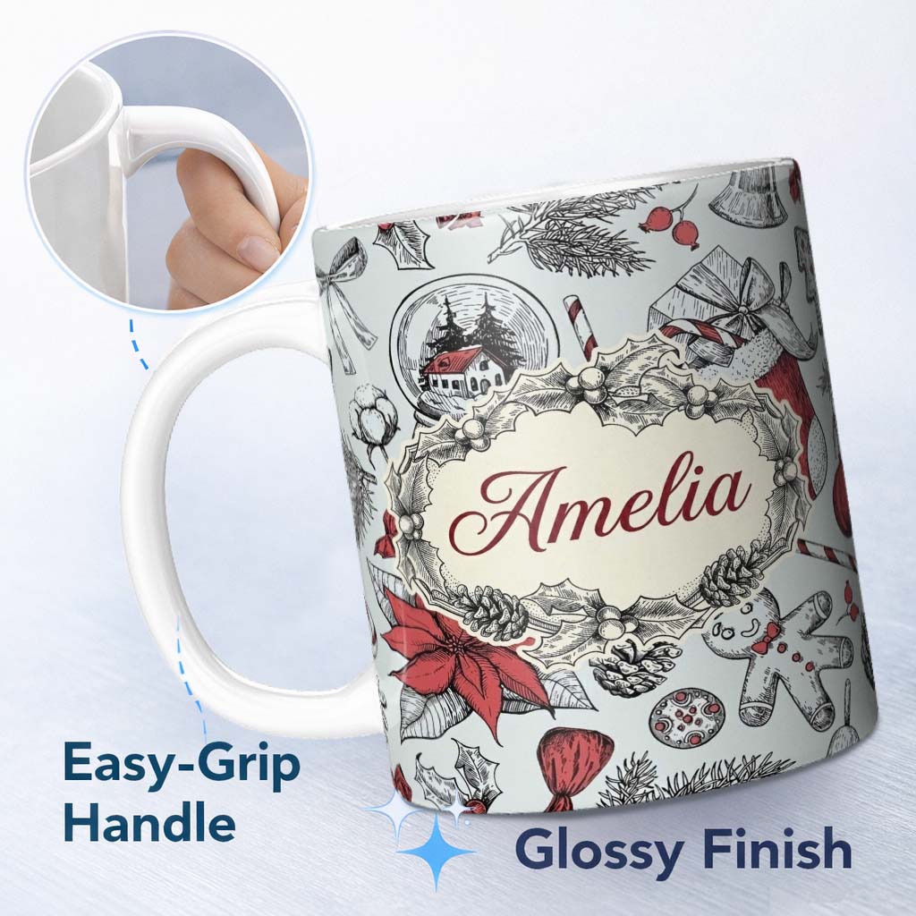 Personalized Custom Name Vintage Christmas Sketch Stocking Candy Cane Seamless Pattern Lovely 11oz Ceramic Coffee Tea Mug White Large Handle