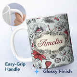 Personalized Custom Name Vintage Christmas Sketch Stocking Candy Cane Seamless Pattern Lovely 11oz Ceramic Coffee Tea Mug White Large Handle
