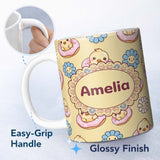 Personalized Custom Name Cute Baby Chick Donut Flowers Seamless Pattern Pastel Yellow Lovely 11oz Ceramic Coffee Tea Mug White Large Handle