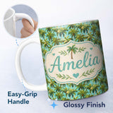 Personalized Custom Name Tropical Palm Tree Summer Beach Seamless Pattern on Teal Background 11oz Ceramic Coffee Tea Mug White Large Handle