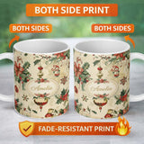 Personalized Custom Name Elegant Christmas Poinsettia Holly Berries and Ornaments Seamless 11oz Ceramic Coffee Tea Mug White Large Handle