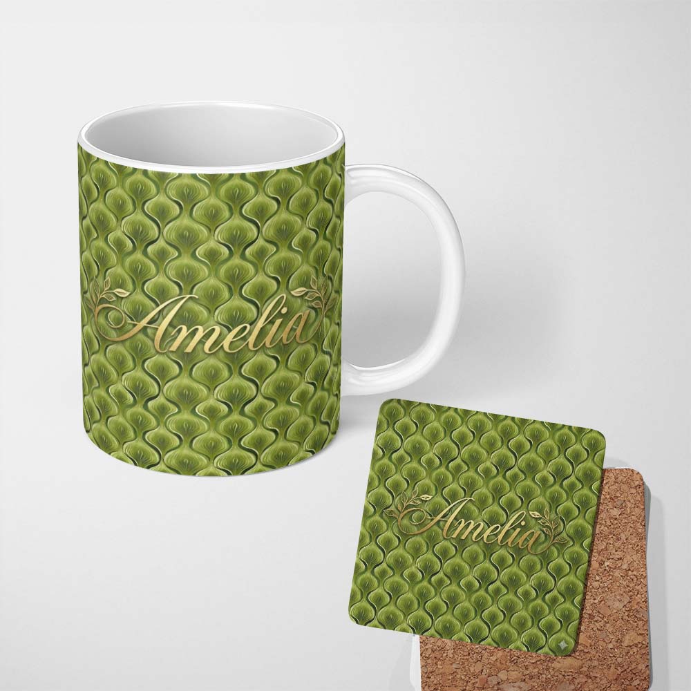 Personalized Custom Name Classic Olive Green Ornamental Motif Seamless Pattern on Cream 11oz Ceramic Coffee Tea Mug White Large Handle