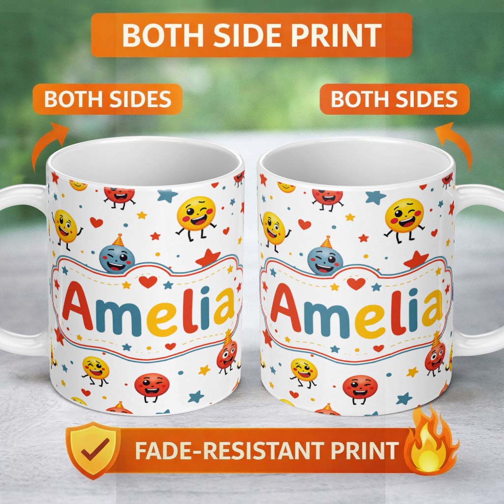 Personalized Custom Name Cute Smiling Emoji Faces Party Hats Stars Seamless Pattern Lovely 11oz Ceramic Coffee Tea Mug White Large Handle