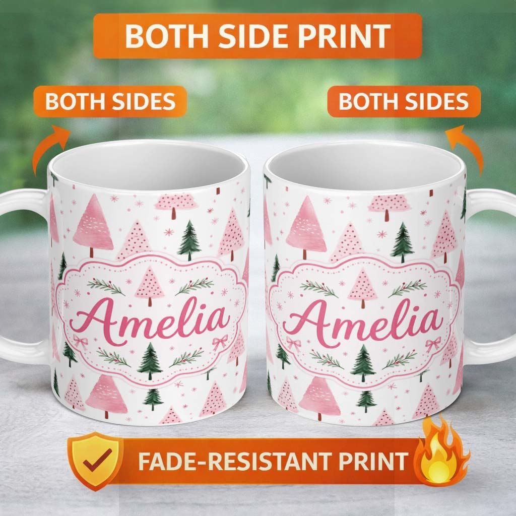 Personalized Custom Name Minimal Pink Green Christmas Tree Snow Seamless Pattern Lovely 11oz Ceramic Coffee Tea Mug White Large Handle