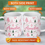 Personalized Custom Name Minimal Pink Green Christmas Tree Snow Seamless Pattern Lovely 11oz Ceramic Coffee Tea Mug White Large Handle