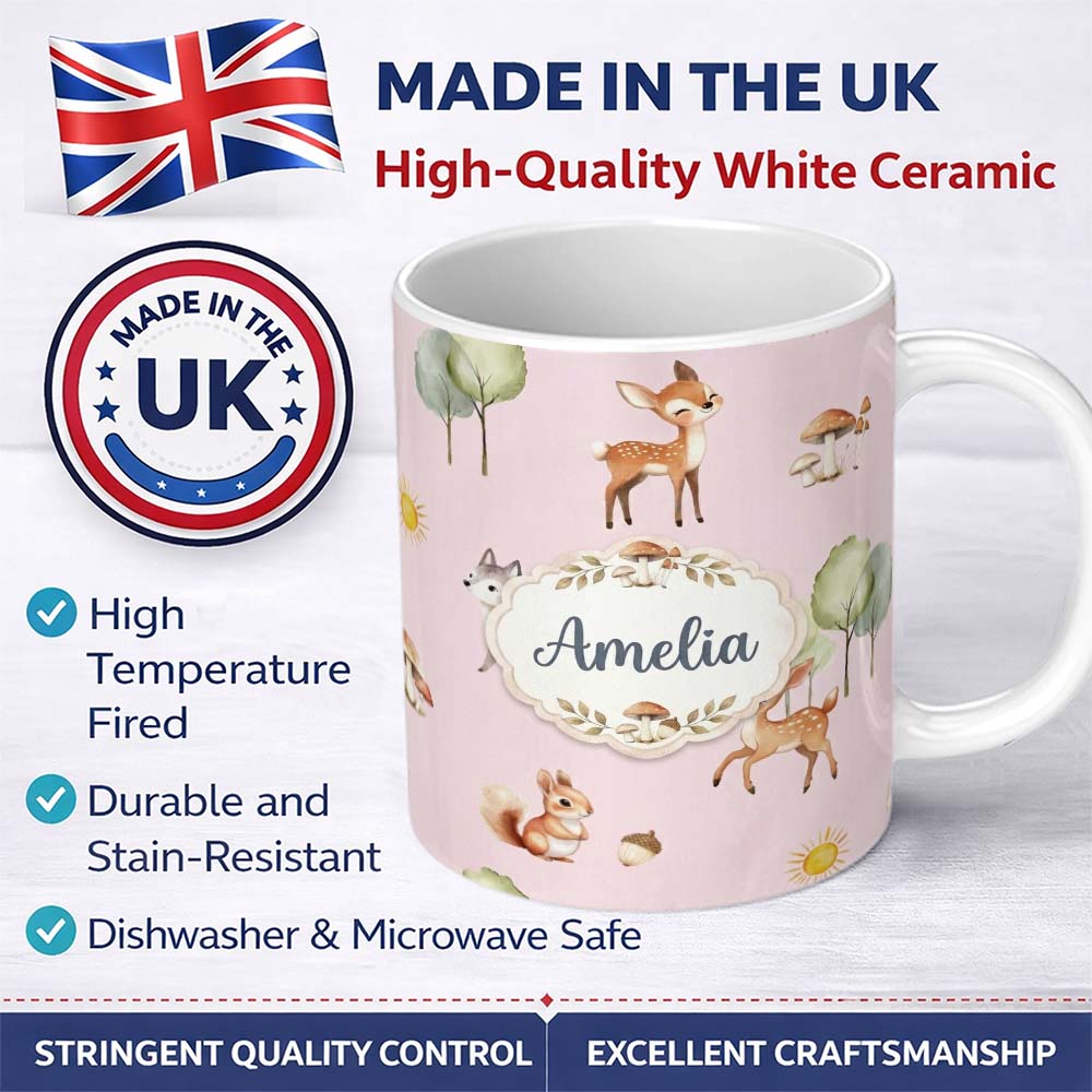 Personalized Custom Name Woodland Deer Fox Squirrel Trees Mushrooms Sun Soft Pink Seamless 11oz Ceramic Coffee Tea Mug White Large Handle