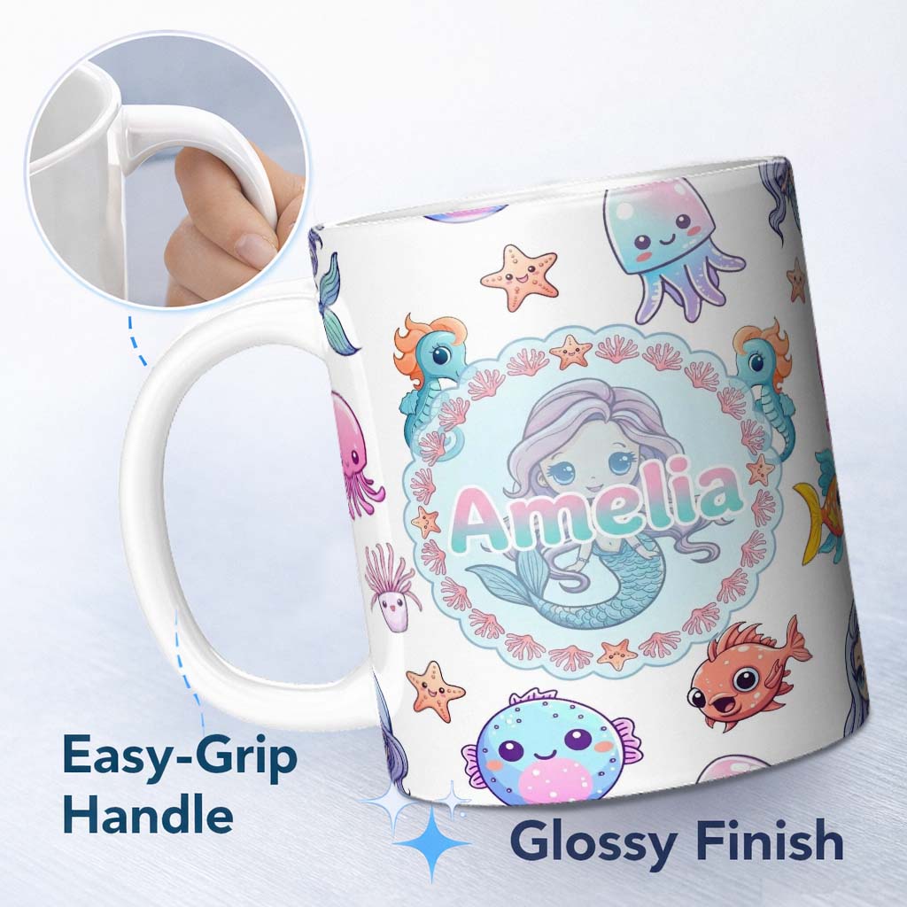 Personalized Custom Name Cute Kawaii Mermaid Seahorse Jellyfish and Starfish Light Grey 11oz Ceramic Coffee Tea Mug White Large Handle