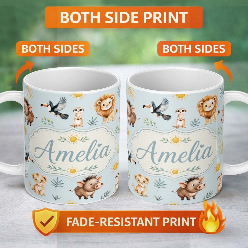 Personalized Custom Name Cute Safari Animals Lion Meerkat Warthog with Sun and Leaves on Sage 11oz Ceramic Coffee Tea Mug White Large Handle