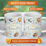 Personalized Custom Name Cute Safari Animals Lion Meerkat Warthog with Sun and Leaves on Sage 11oz Ceramic Coffee Tea Mug White Large Handle