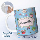Personalized Custom Name Cute Kawaii Garden Tools Plants Bees Seamless Pattern Blue Floral 11oz Ceramic Coffee Tea Mug White Large Handle