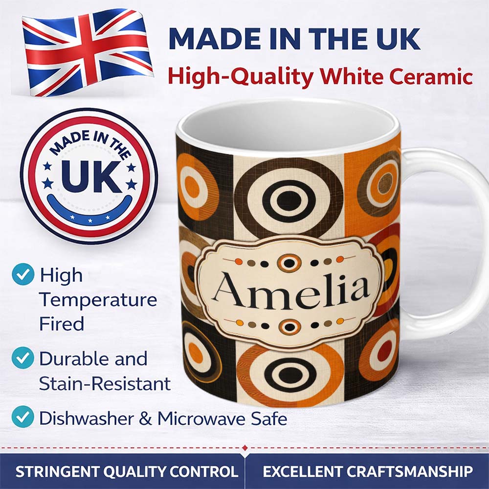 Personalized Custom Name Concentric Circle Pattern in Orange Brown and Cream Cute Unique Gift 11oz Ceramic Coffee Tea Mug White Large Handle