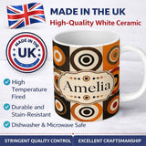 Personalized Custom Name Concentric Circle Pattern in Orange Brown and Cream Cute Unique Gift 11oz Ceramic Coffee Tea Mug White Large Handle