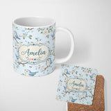 Personalized Custom Name Cute Blue Birds on Floral Branches Soft Background Seamless Pattern 11oz Ceramic Coffee Tea Mug White Large Handle