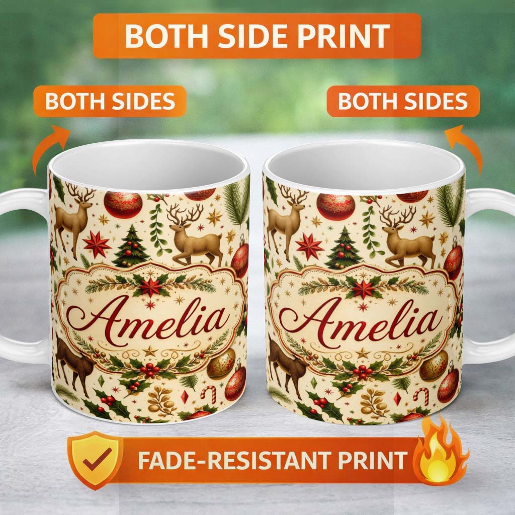 Personalized Custom Name Festive Reindeer Christmas Trees Stars Baubles Seamless Pattern 11oz Ceramic Coffee Tea Mug White Large Handle