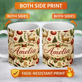 Personalized Custom Name Festive Reindeer Christmas Trees Stars Baubles Seamless Pattern 11oz Ceramic Coffee Tea Mug White Large Handle