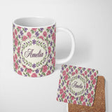 Personalized Custom Name Classic Floral Peony Lilac Beige Seamless Pattern Name Cute Unique 11oz Ceramic Coffee Tea Mug White Large Handle