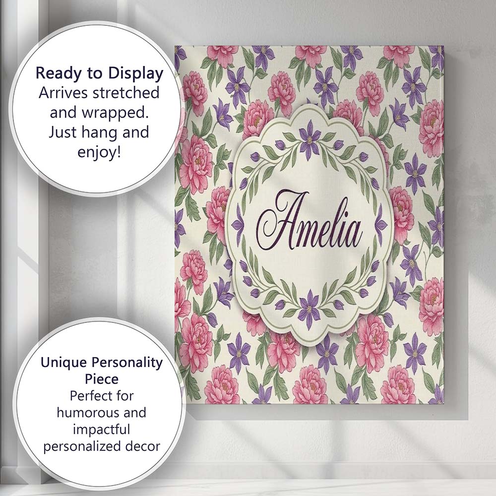 Personalised Name Classic Floral Peony Custom  Modern Room Accent Elegant Feature Canvas Wall Art Print Decor Picture Ready to Hang