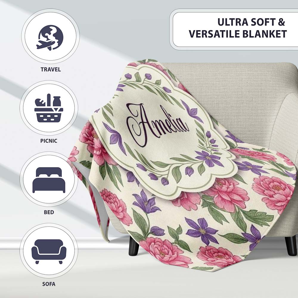 Classic Floral Peony Lilac Beige Seamless Pattern Name Cute Unique  Personalised Custom Name Super Soft Fleece Blanket Bed Sofa Throw