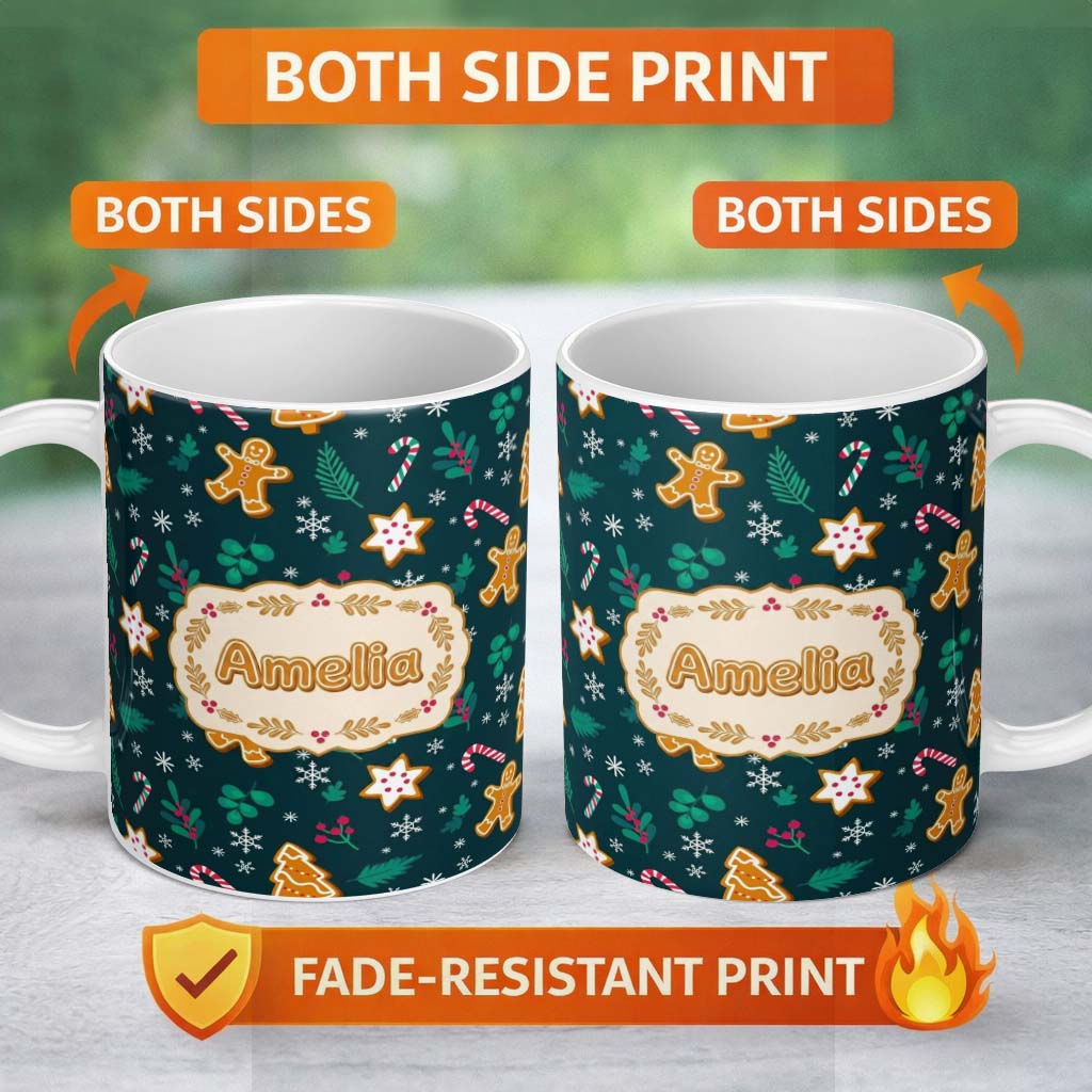 Personalized Custom Name Cute Gingerbread Candy Cane Star Holly Seamless Pattern Festive 11oz Ceramic Coffee Tea Mug White Large Handle