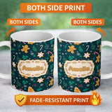 Personalized Custom Name Cute Gingerbread Candy Cane Star Holly Seamless Pattern Festive 11oz Ceramic Coffee Tea Mug White Large Handle