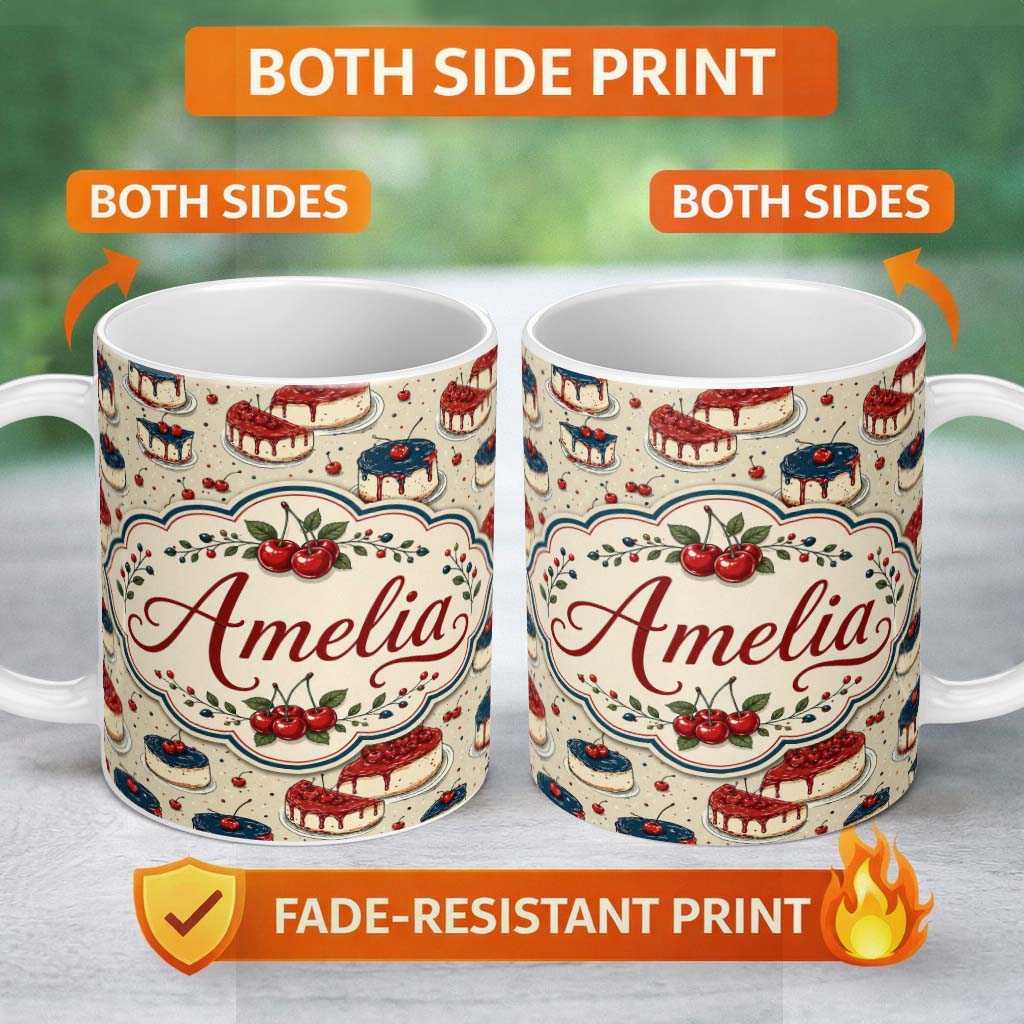 Personalized Custom Name Red and Blue Glazed Cherry Cake Dessert Seamless Pattern Lovely 11oz Ceramic Coffee Tea Mug White Large Handle