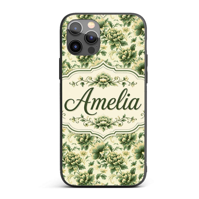 Vintage Green Botanical Floral Garden Seamless Custom Name Protective Phone Case Mobile Cover Durable Everyday Smartphone Shock Resistant