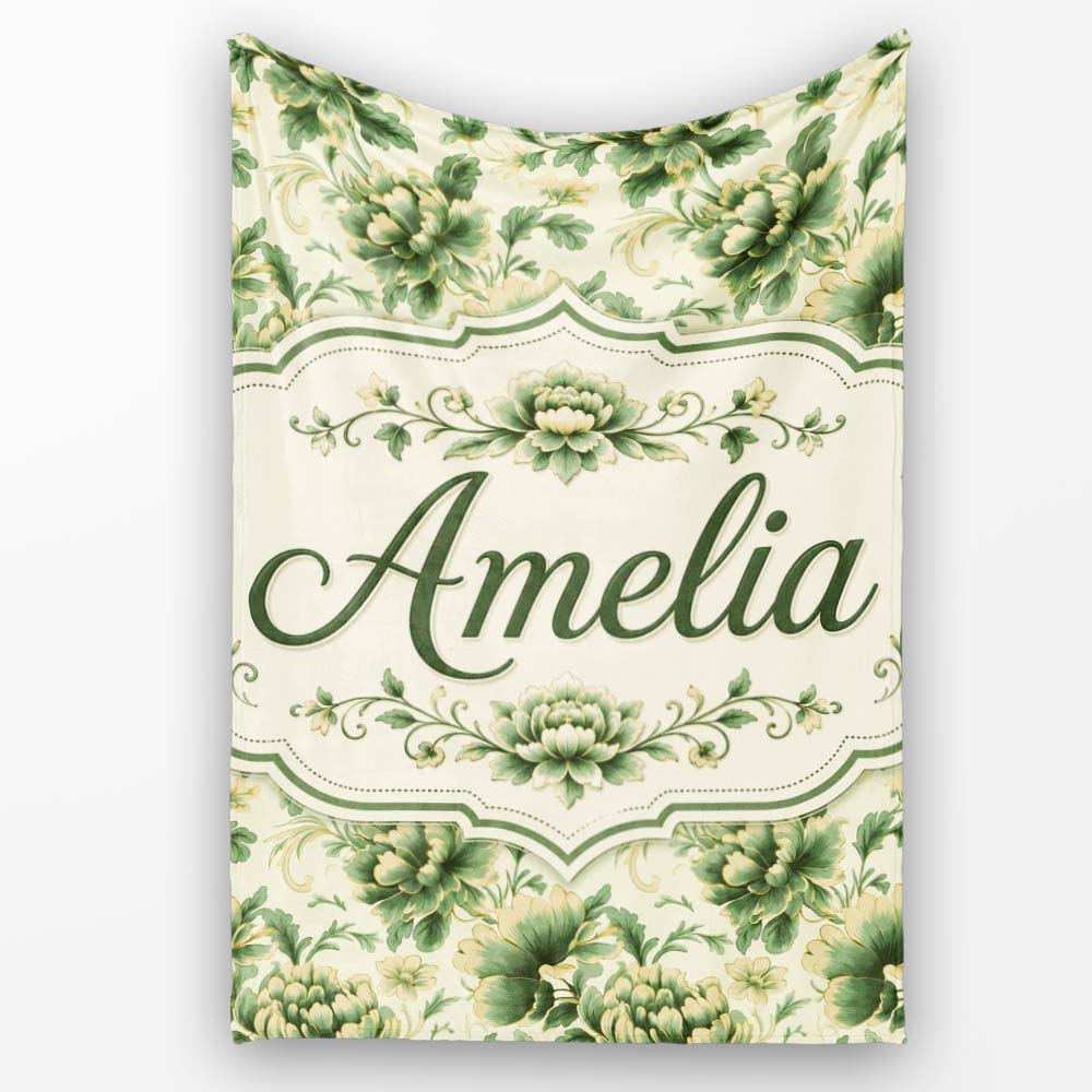 Vintage Green Botanical Floral Garden Seamless Pattern Name Cute  Personalised Custom Name Super Soft Fleece Blanket Bed Sofa Throw