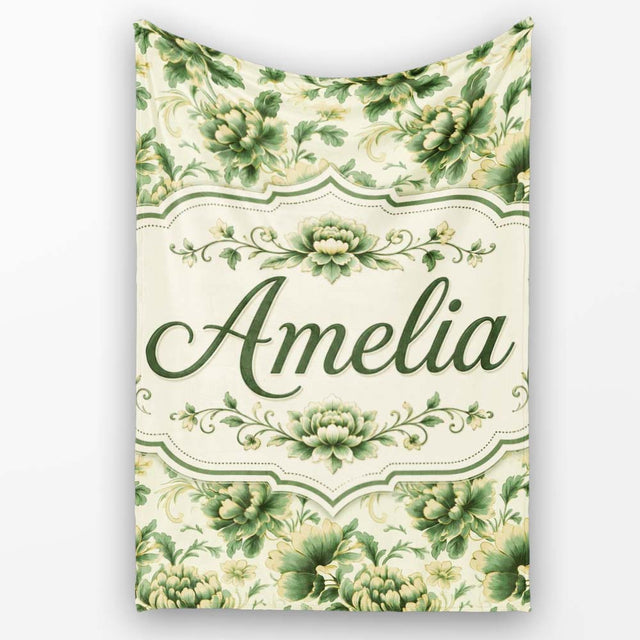 Vintage Green Botanical Floral Garden Seamless Pattern Name Cute  Personalised Custom Name Super Soft Fleece Blanket Bed Sofa Throw