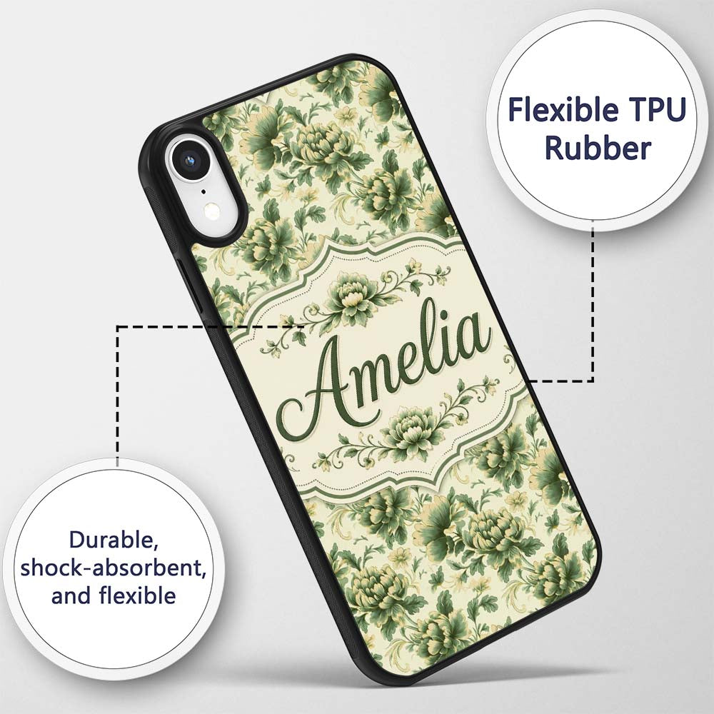 Vintage Green Botanical Floral Garden Seamless Custom Name Protective Phone Case Mobile Cover Durable Everyday Smartphone Shock Resistant