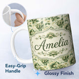 Personalized Custom Name Vintage Green Botanical Floral Garden Seamless Pattern Name Cute 11oz Ceramic Coffee Tea Mug White Large Handle