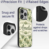 Vintage Green Botanical Floral Garden Seamless Custom Name Protective Phone Case Mobile Cover Durable Everyday Smartphone Shock Resistant