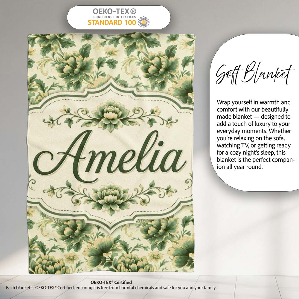 Vintage Green Botanical Floral Garden Seamless Pattern Name Cute  Personalised Custom Name Super Soft Fleece Blanket Bed Sofa Throw