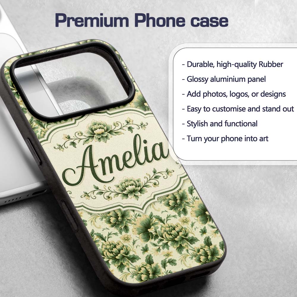 Vintage Green Botanical Floral Garden Seamless Custom Name Protective Phone Case Mobile Cover Durable Everyday Smartphone Shock Resistant