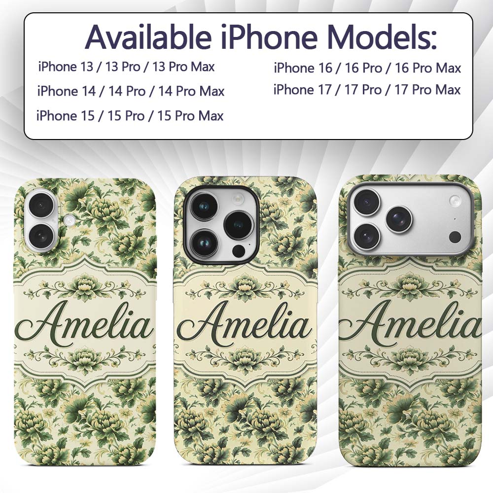 Vintage Green Botanical Floral Garden Seamless Custom Name Protective Phone Case Mobile Cover Durable Everyday Smartphone Shock Resistant