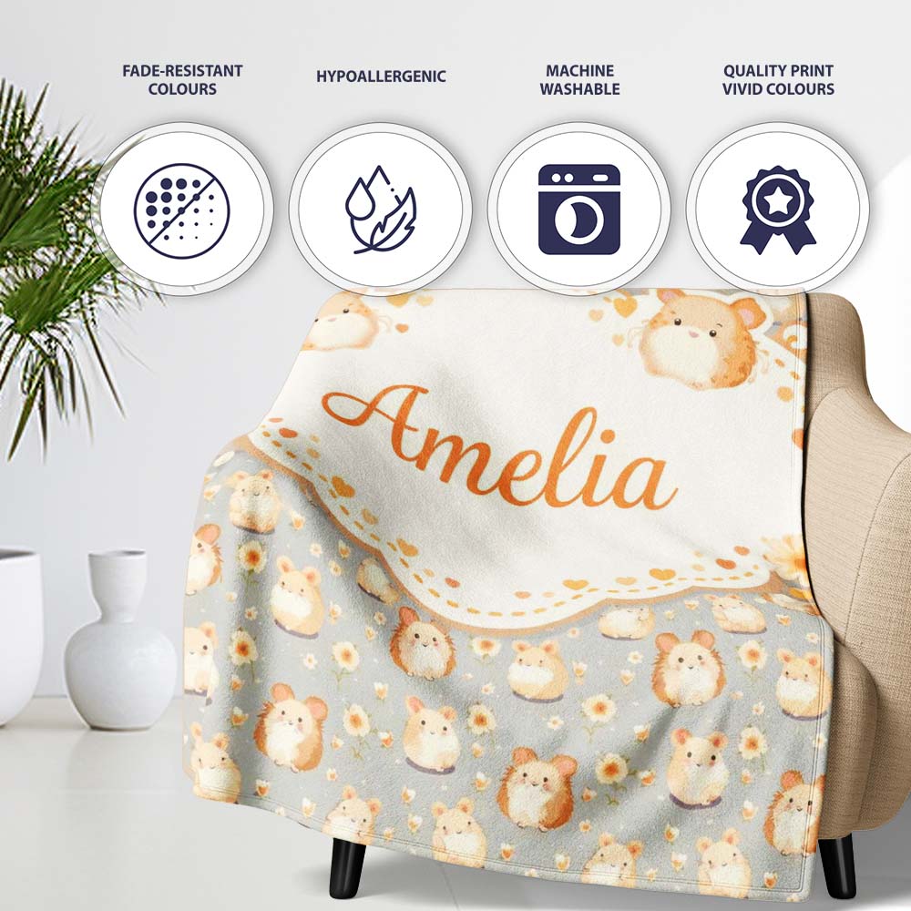 Soft Beige Hamster Daisy Floral Seamless Pattern Cute Unique Gift  Personalised Custom Name Super Soft Fleece Blanket Bed Sofa Throw