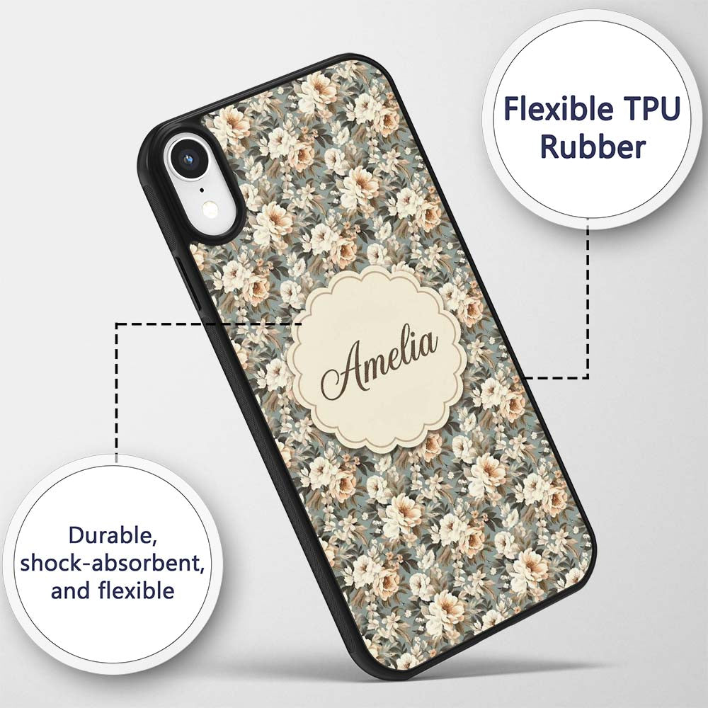 Elegant Cream Peach Floral Bouquet Printed Design Custom Name Protective Phone Case Mobile Cover Durable Everyday Smartphone Shock Resistant