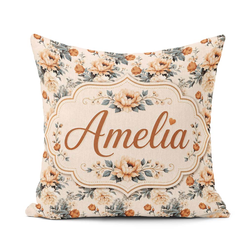 Custom Name Soft Neutral Floral Bouquet Beige Seamless Name Cute Square Filled Cushion Throw Pillow Sofa Bed Home Decor Zip Washable UK Made