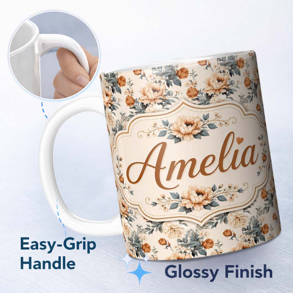 Personalized Custom Name Soft Neutral Floral Bouquet Beige Seamless Pattern Name Cute Unique 11oz Ceramic Coffee Tea Mug White Large Handle