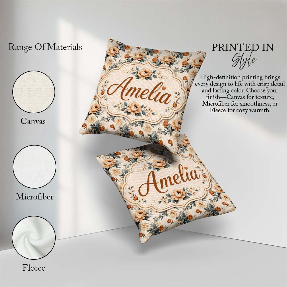 Custom Name Soft Neutral Floral Bouquet Beige Seamless Name Cute Square Filled Cushion Throw Pillow Sofa Bed Home Decor Zip Washable UK Made