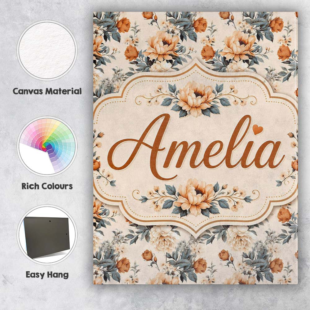 Personalised Name Soft Neutral Floral Custom Modern Room Accent Creative Decorator Style Canvas Wall Art Print Decor Picture Ready to Hang