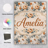 Personalised Name Soft Neutral Floral Custom Modern Room Accent Creative Decorator Style Canvas Wall Art Print Decor Picture Ready to Hang