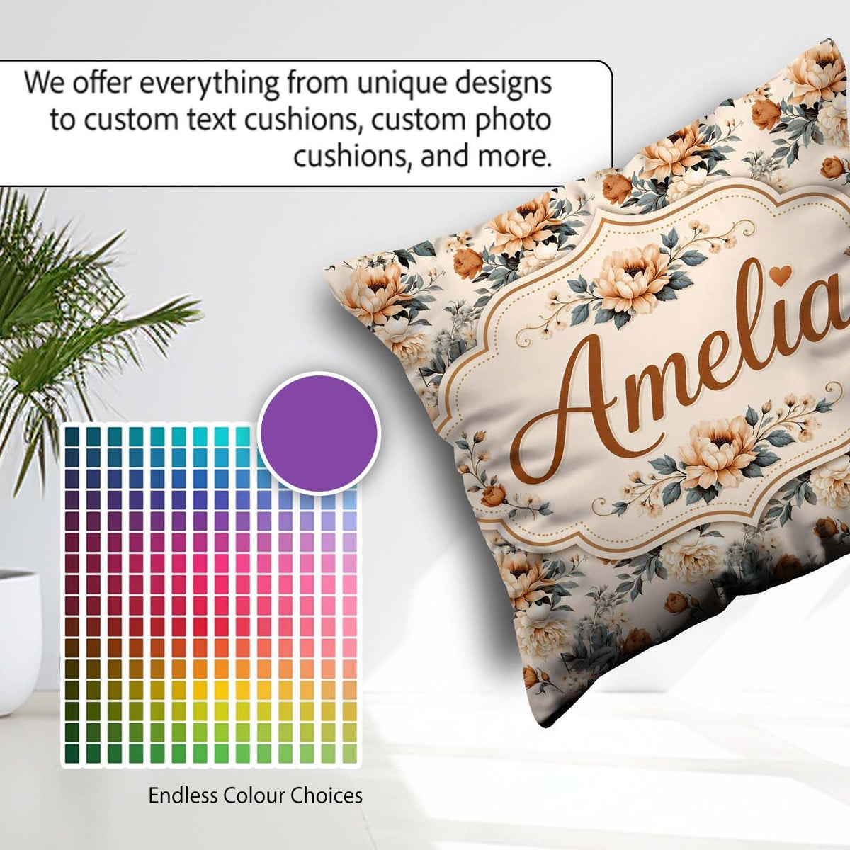 Custom Name Soft Neutral Floral Bouquet Beige Seamless Name Cute Square Filled Cushion Throw Pillow Sofa Bed Home Decor Zip Washable UK Made